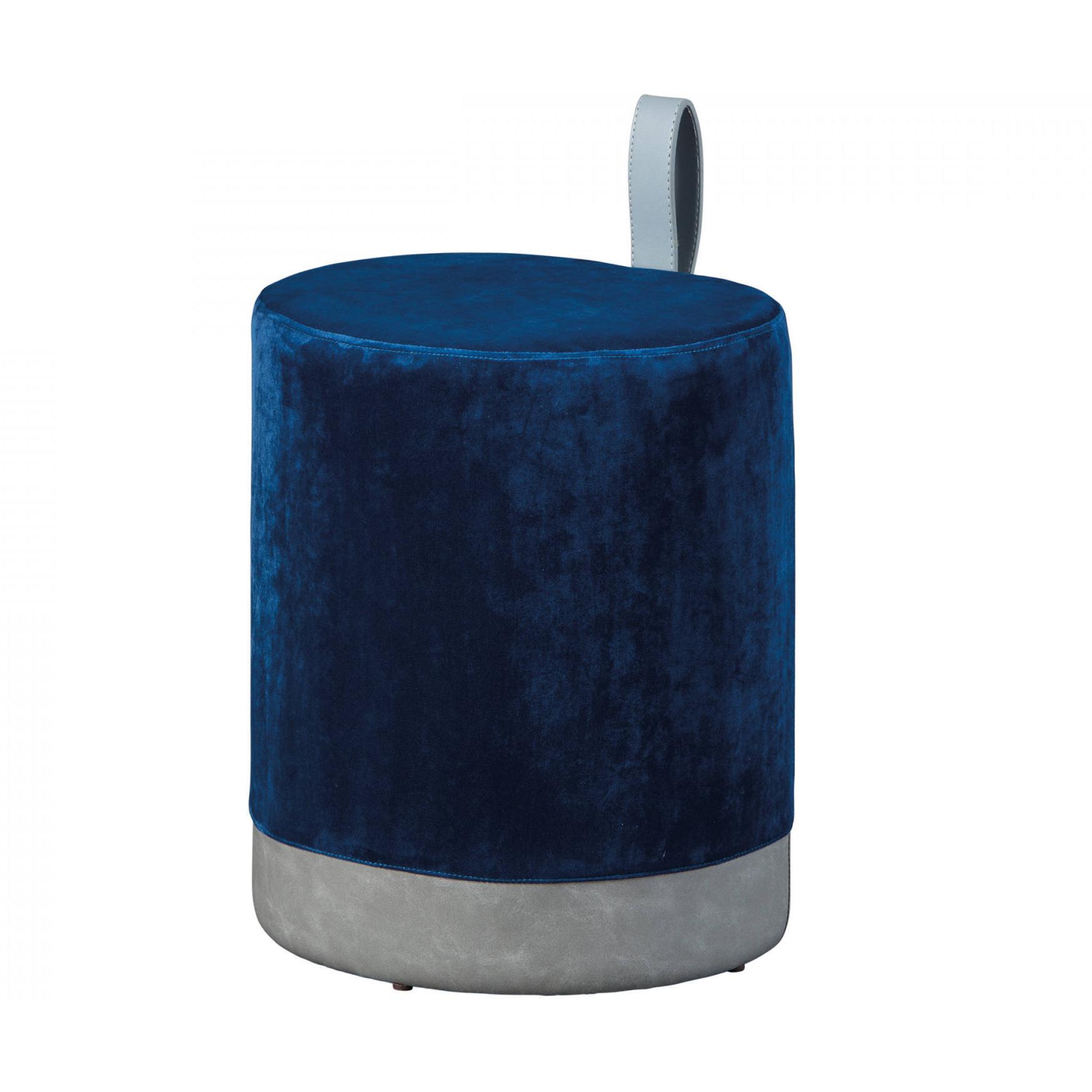 Pouf in velluto blu e grigio con maniglia in ecopelle, cm 38x32.5x43