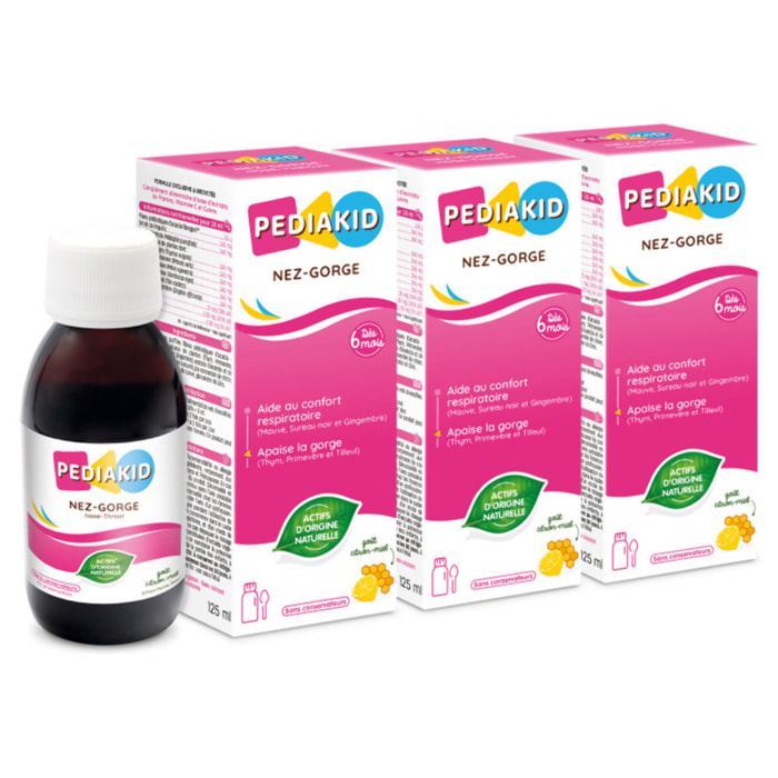 PEDIAKID - Sirop Nez-Gorge - Complément Alimentaire Naturel - Formule Exclusive au Sirop d'Agave - Confort Respiratoires - Arôme Naturel Miel-Citron - Lot de 3 sirops de 125ml