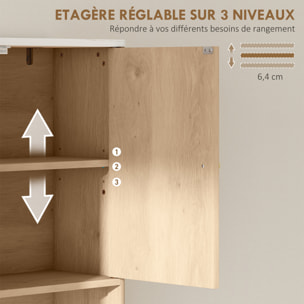 Meuble WC dessus de toilette style bois naturel effet marbre blanc 2 portes étagère niche