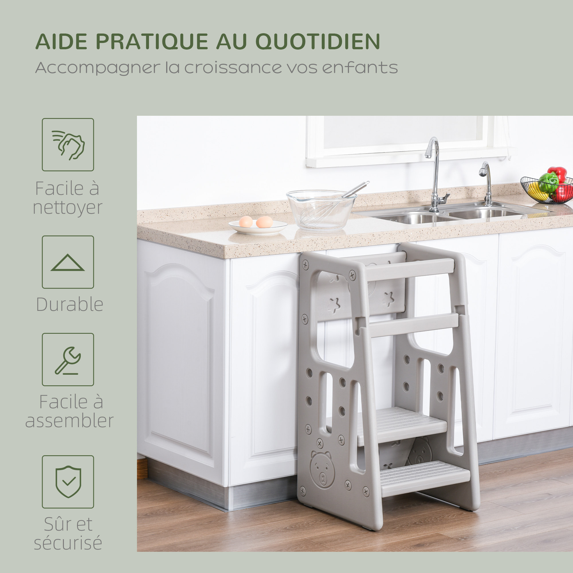 Tour d'apprentissage tour d'observation enfant 18 mois-5 ans hauteur réglable 3 niveaux HDPE gris