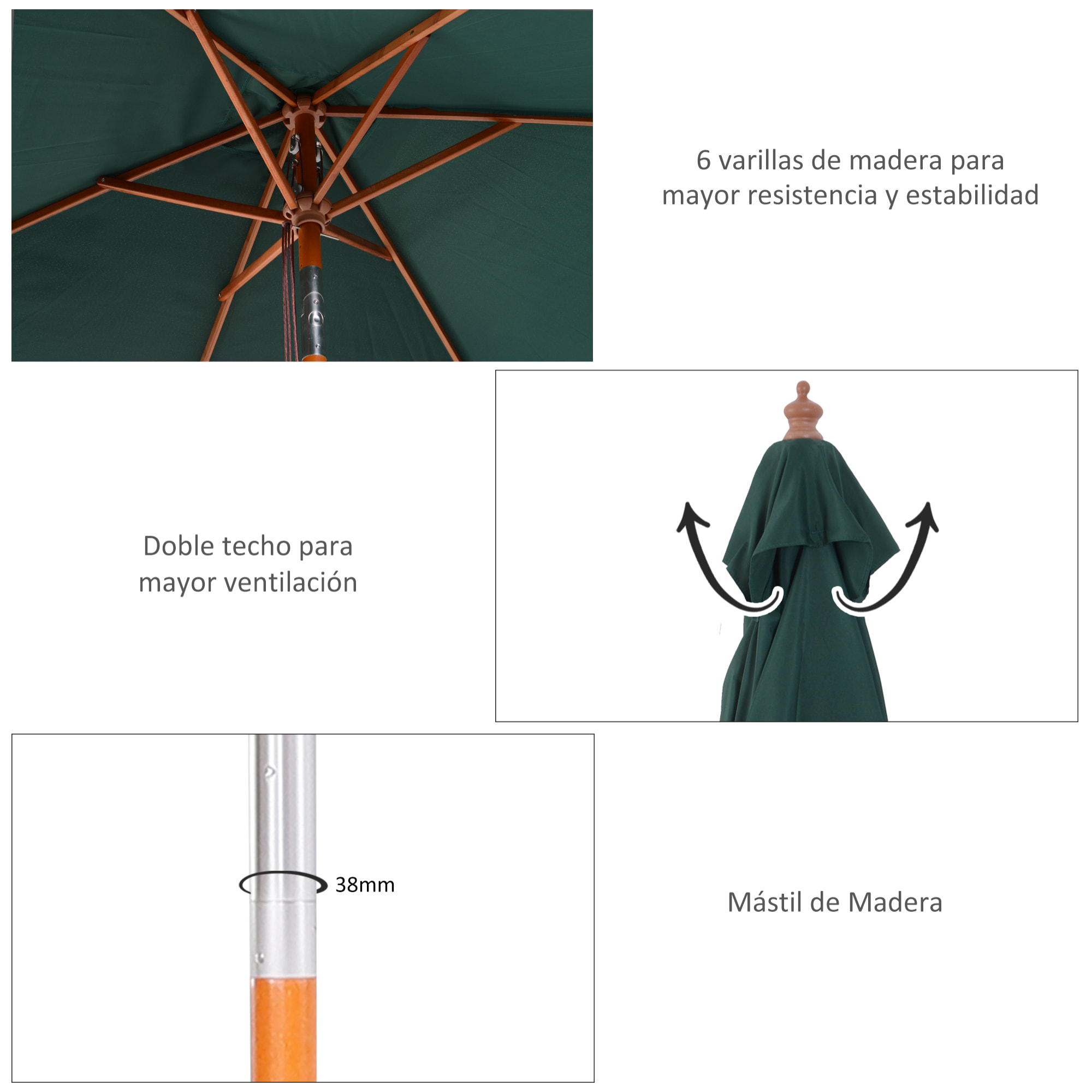 Sombrilla de Jardín 200x150x230 cm Inclinable con Doble Techo para Terraza Verde