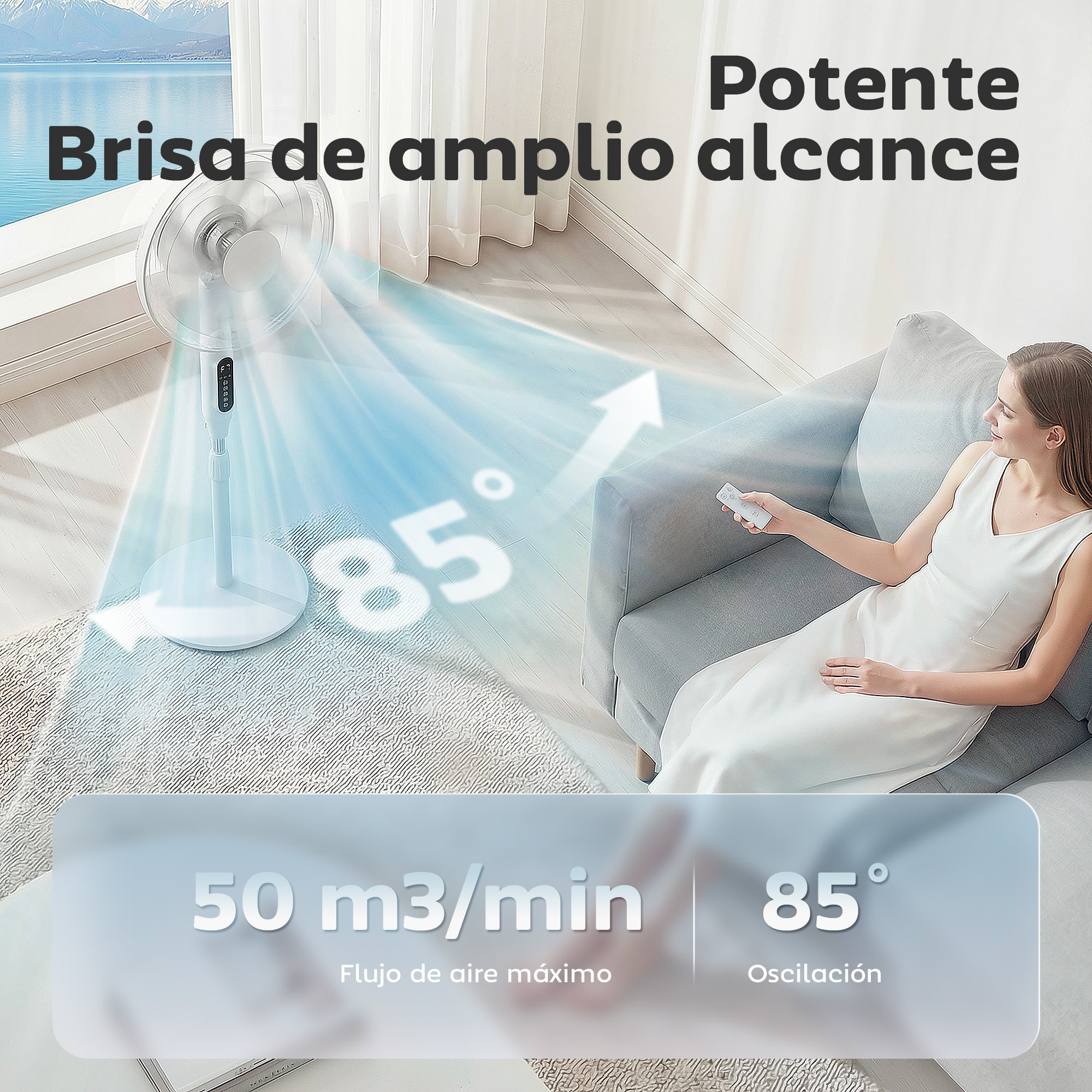 Ventilador de Pie con Control Remoto y Función Wifi, Ventilador de Pedestal Silencioso con Altura Ajustable, 3 Velocidades, 3 Modos, Oscilación 85°, Temporizador 15H y Pantalla LED, 50W, Blanco