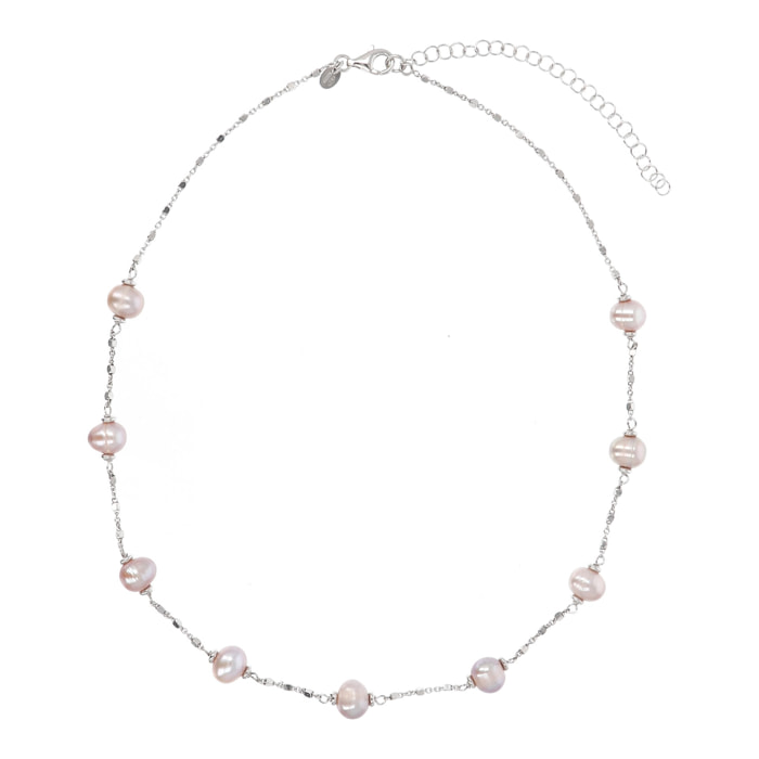 Collana Catena a Cubetti in Argento 925 con Perle d'Acqua Dolce Rosa Ø 6/8 mm