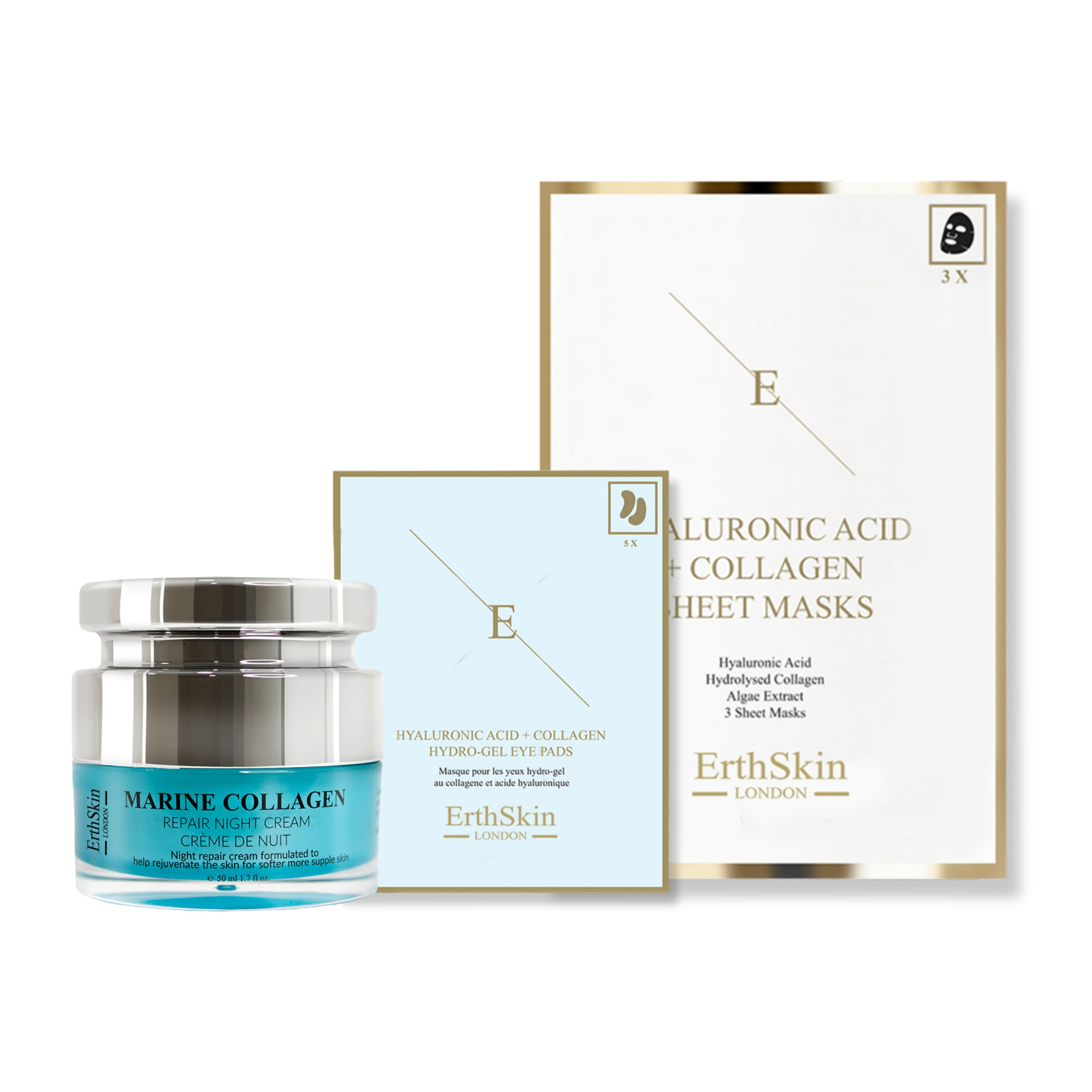 Crema de noche con colágeno marino 50 ml + mascarilla de colágeno y ácido hialurónico (3 láminas) + parches de hidrogel para ojos con colágeno y ácido hialurónico (5 x 2)
