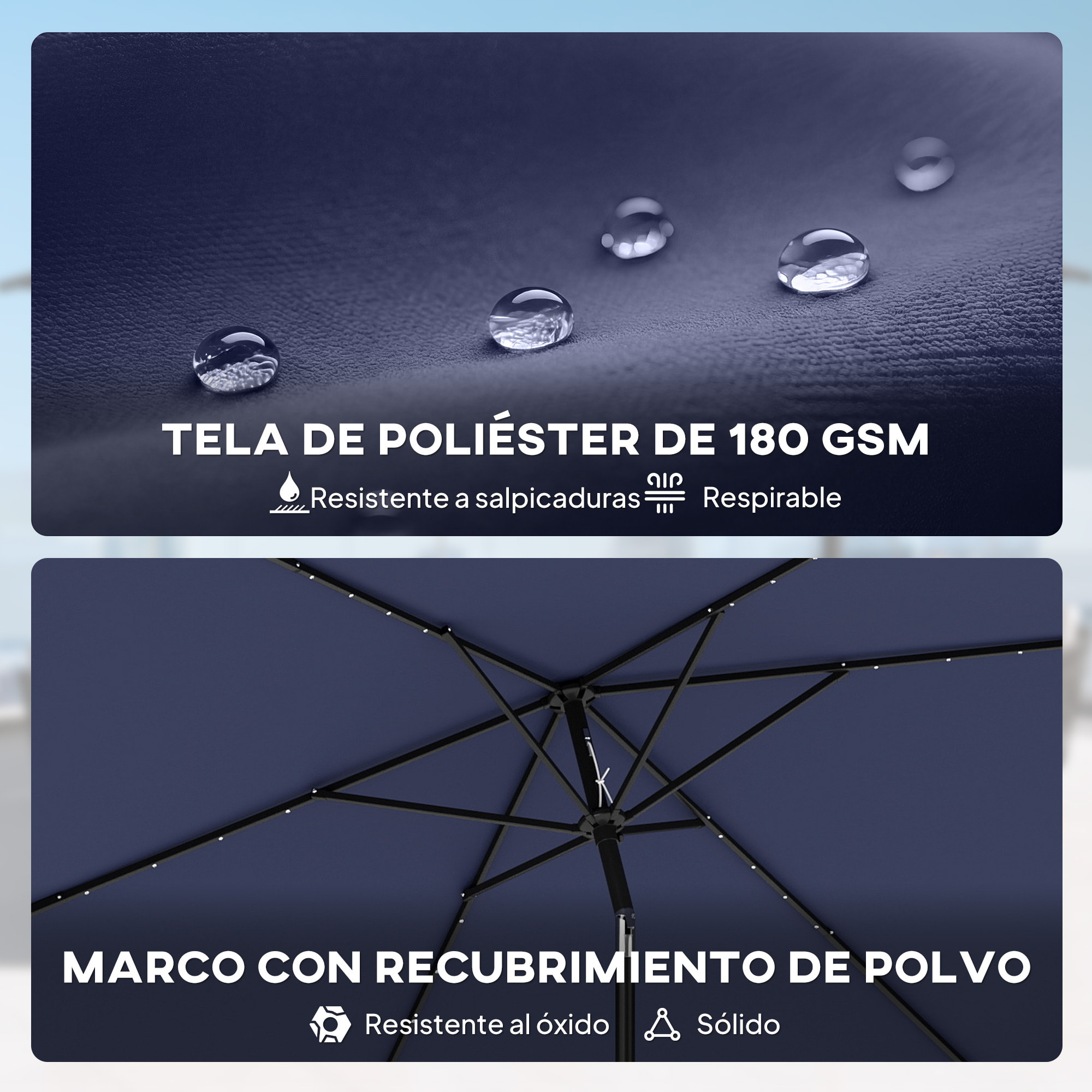 Sombrilla Terraza Exterior, 2,9x2,5 m, Sombrilla de Jardín con 24 Luces LED Solares, Dosel Inclinable, Poste Metálico, Parasol para Patio, Terraza, Azul Oscuro