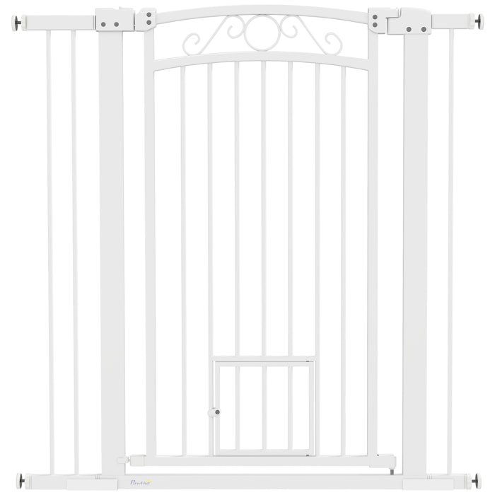 Barrera para Perros Puerta para Perros con Ancho Ajustable 76-104 cm Barrera de Seguridad para Perros con 2 Extensiones Doble Bloqueo y Puerta Pequeña para Escaleras y Puertas Blanco