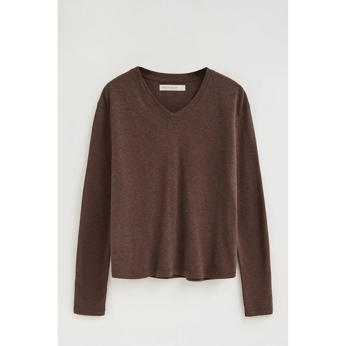 Maglietta cioccolato a maniche lunghe in misto lino con logo Polo Club