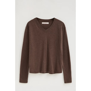 Maglietta cioccolato a maniche lunghe in misto lino con logo Polo Club