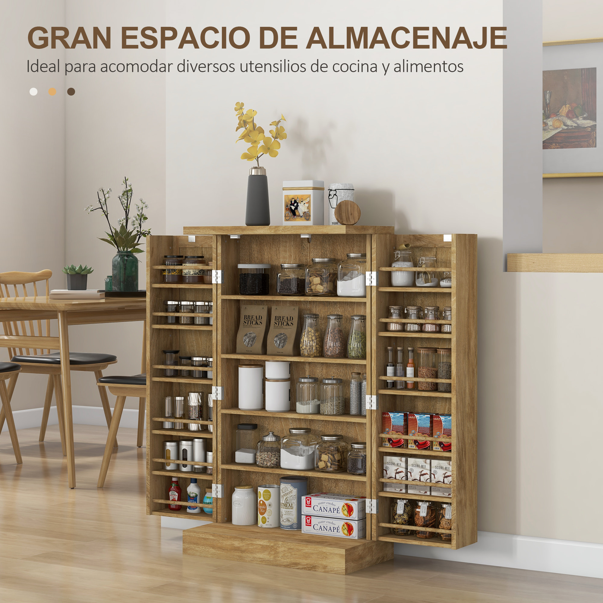 Armario de Cocina Armario Despensa Cocina con 2 Puertas de Ratán y 16 Estantes Alacena Moderna con Estantes Ajustables para Comedor Salón 60x30x104 cm Natural