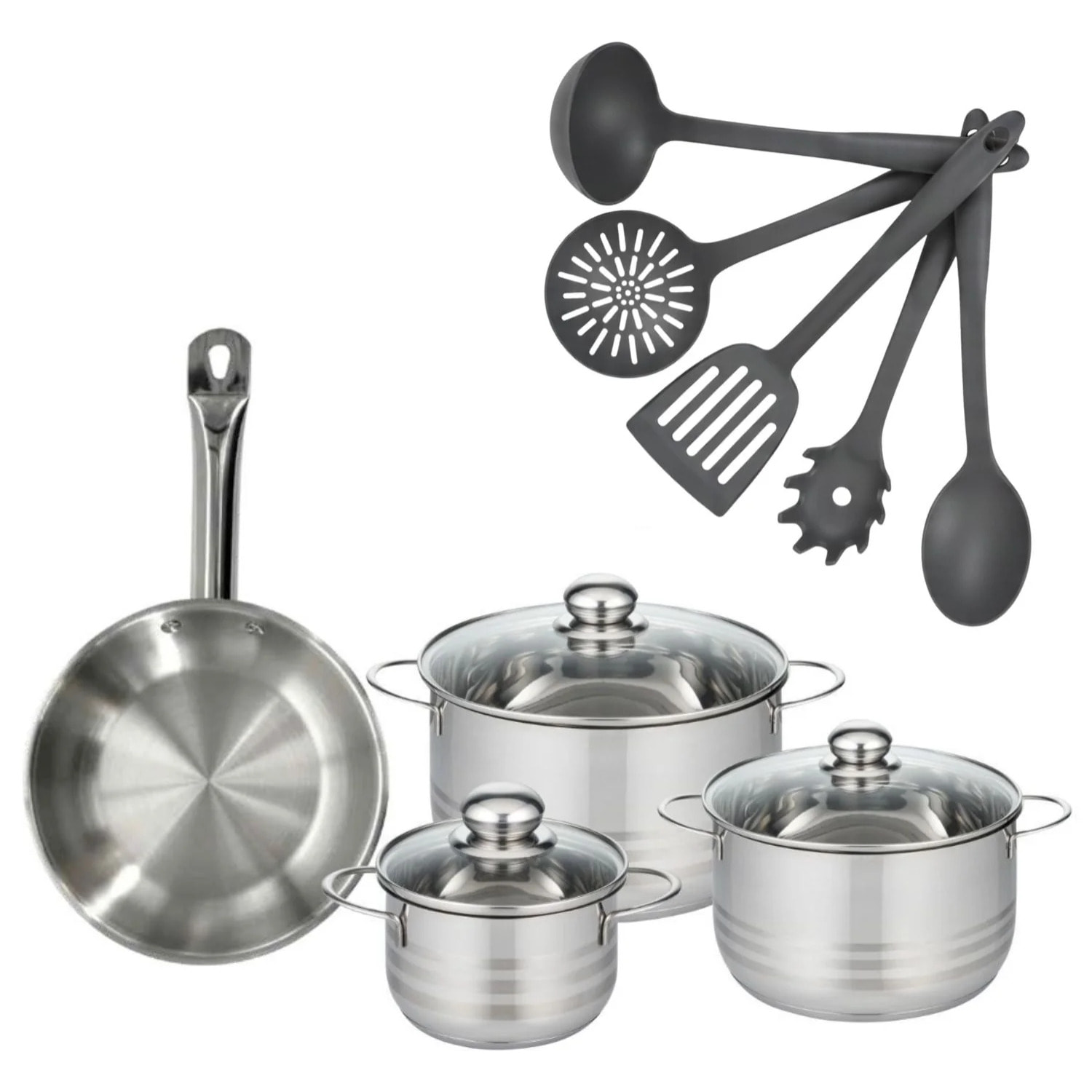 Set poêle en inox, 3 faitouts inox et 5 ustensiles Fackelmann Eterna