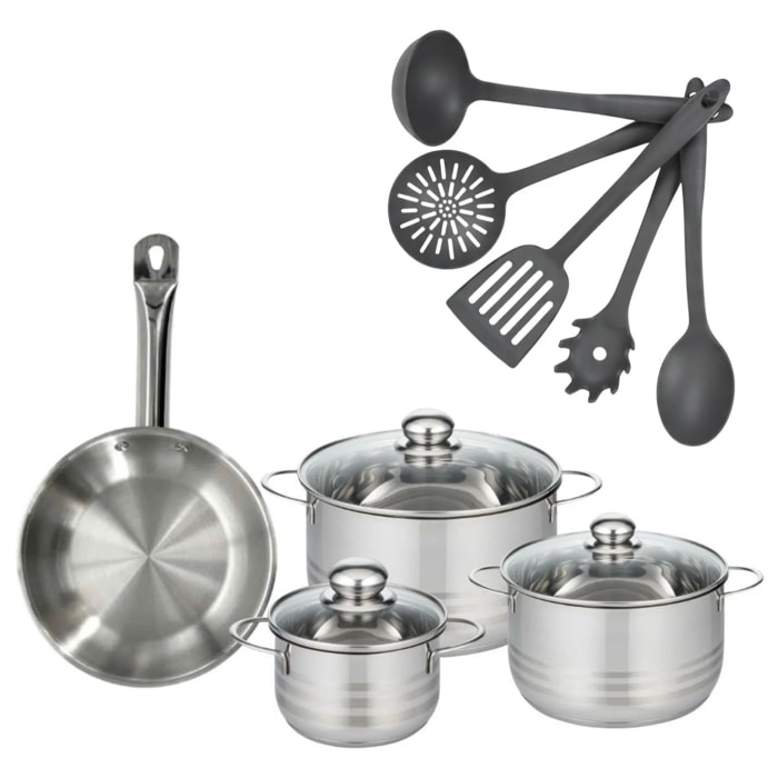 Set poêle en inox, 3 faitouts inox et 5 ustensiles Fackelmann Eterna