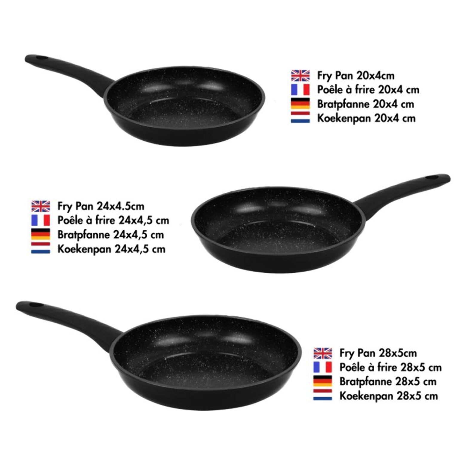 Ensemble de poêles à frire forgées revêtement en marbre Noir  3 pièces Herzberg HG04746-BLK