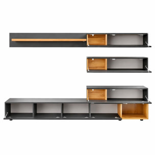Parete Attrezzata Mobile TV Vetrine LED Pensili Mensola Soggiorno Contenitore Salvaspazio Design Moderno Multimedia 240 x 40 x 150 Cm Rovere Antracite