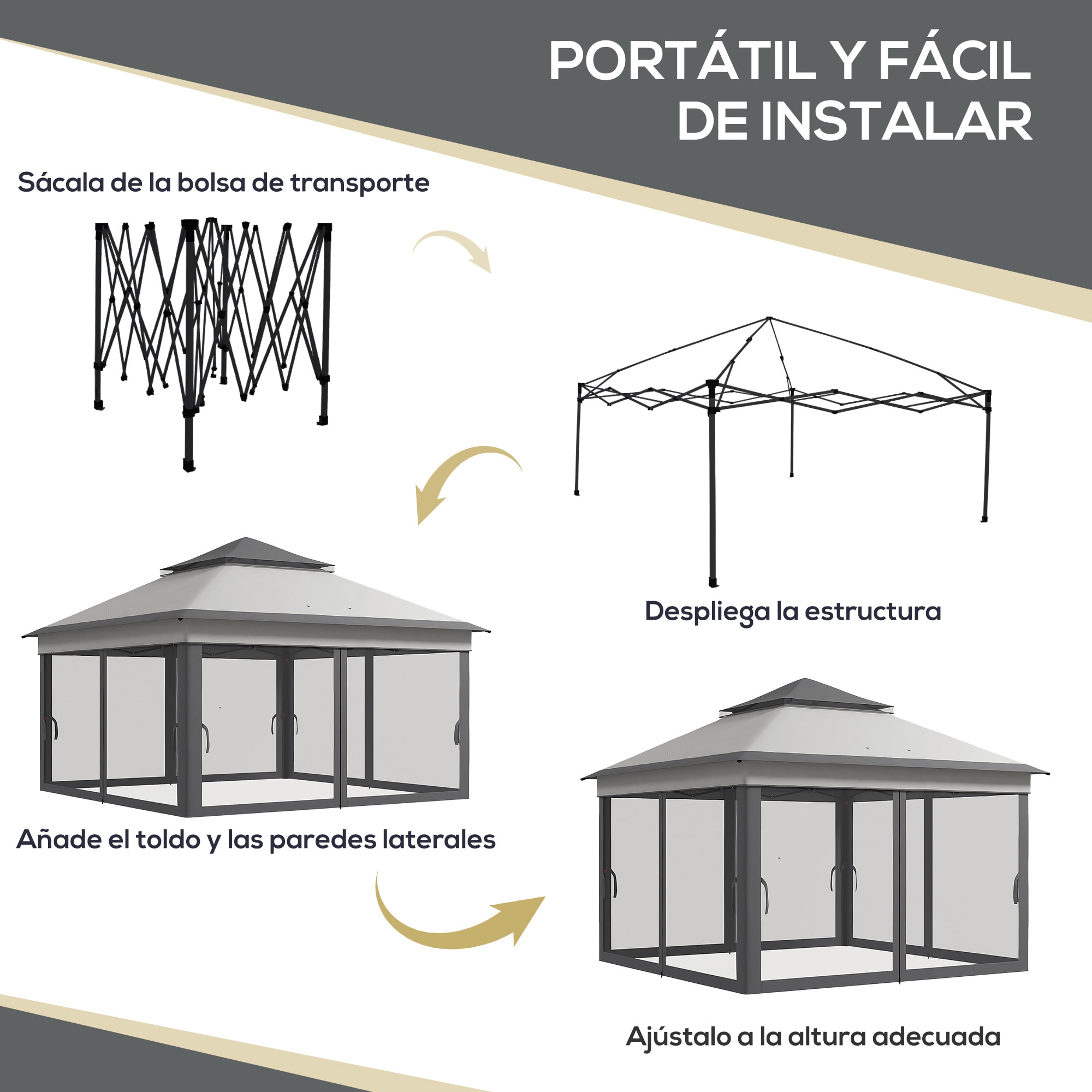 Carpa Plegable 3,26x3,26x2,72 m Cenador de Jardín con Doble Techo Altura Ajustable en 3 Niveles 4 Mosquiteras Protección UV30+ Impermeable y Bolsa para Fiestas Camping Gris