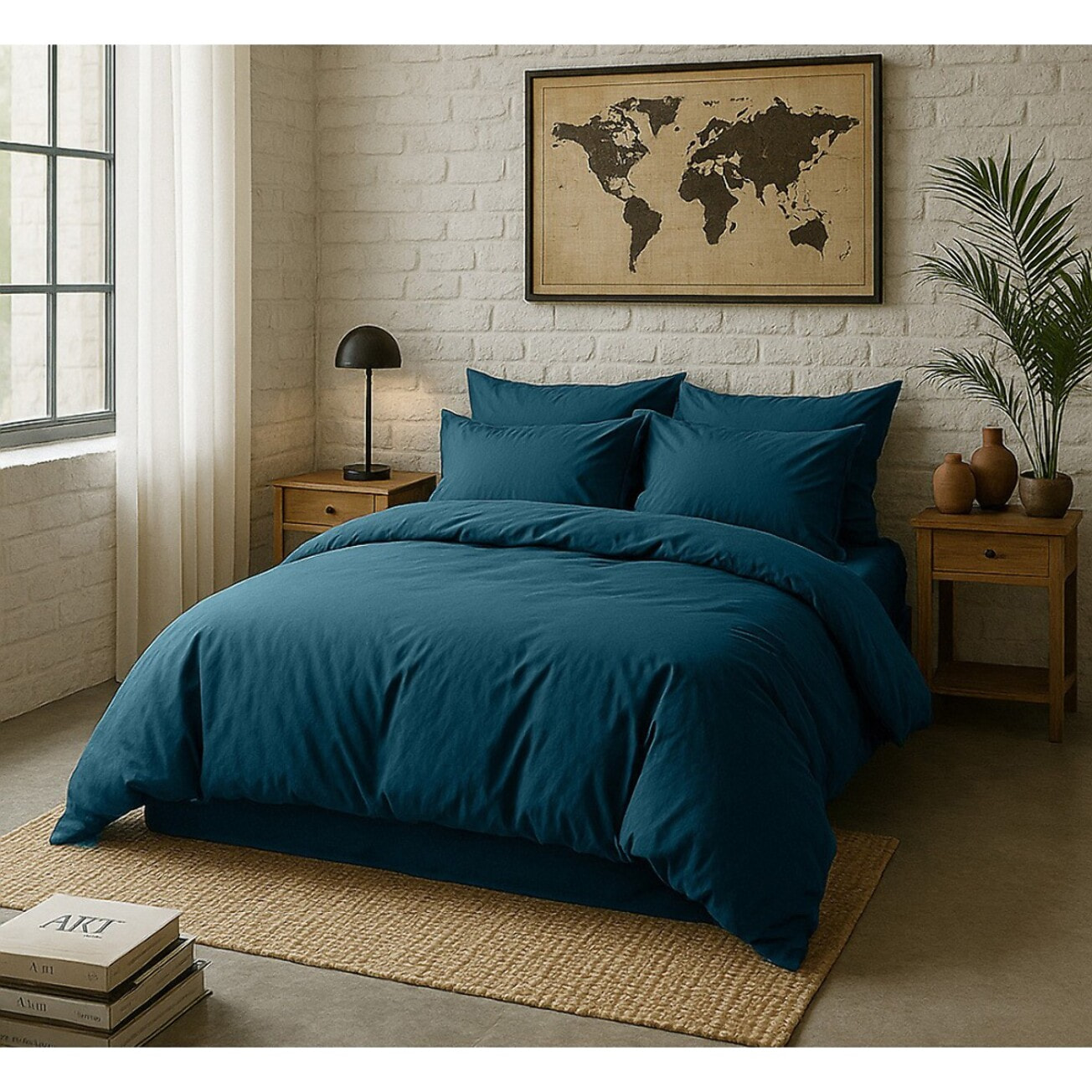 Paire de Taies D'oreiller Avec Volant 100% Percale De Coton Lavé Bleu Impérial