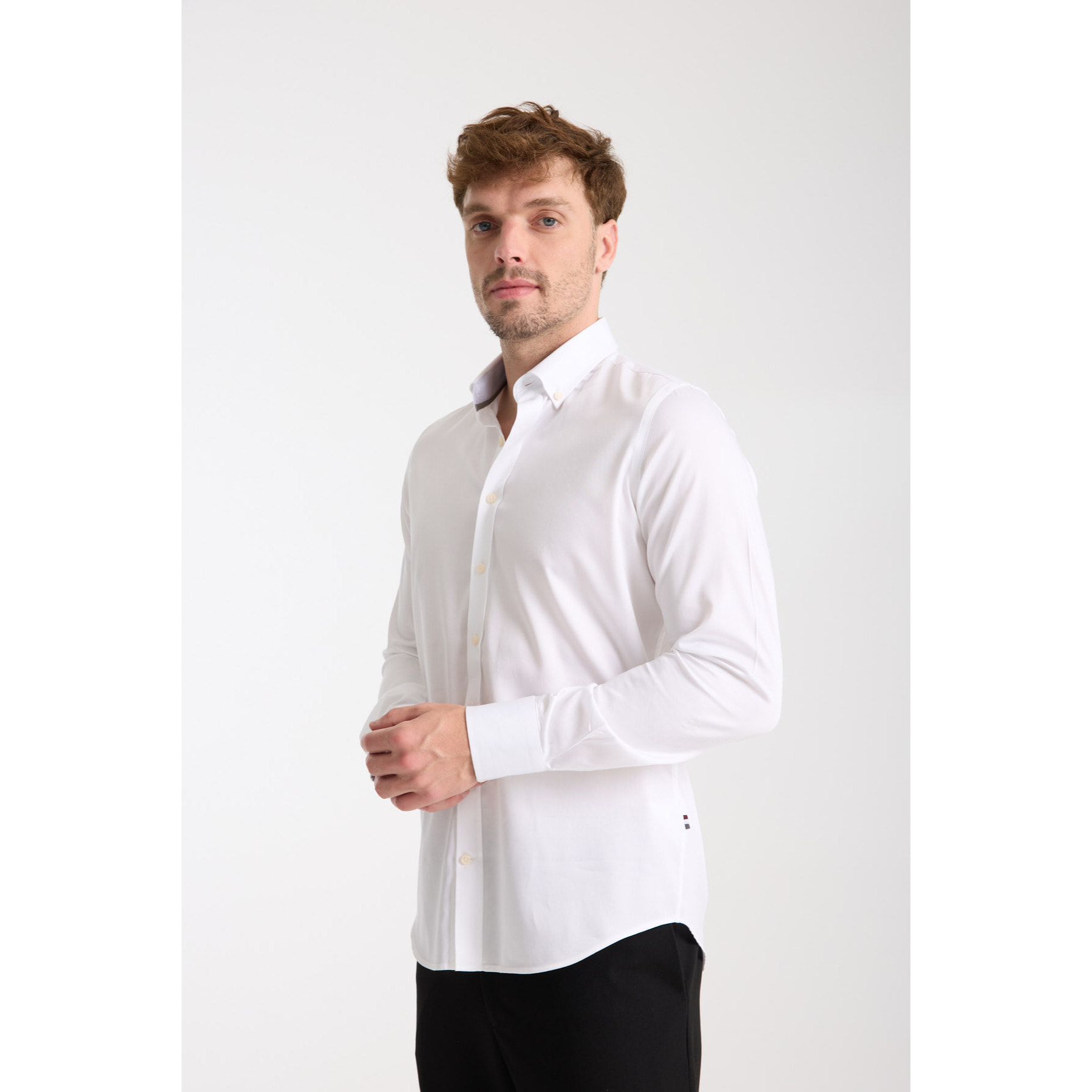 camicia uomo 1 bottone button down slim Satin Unito Bianco