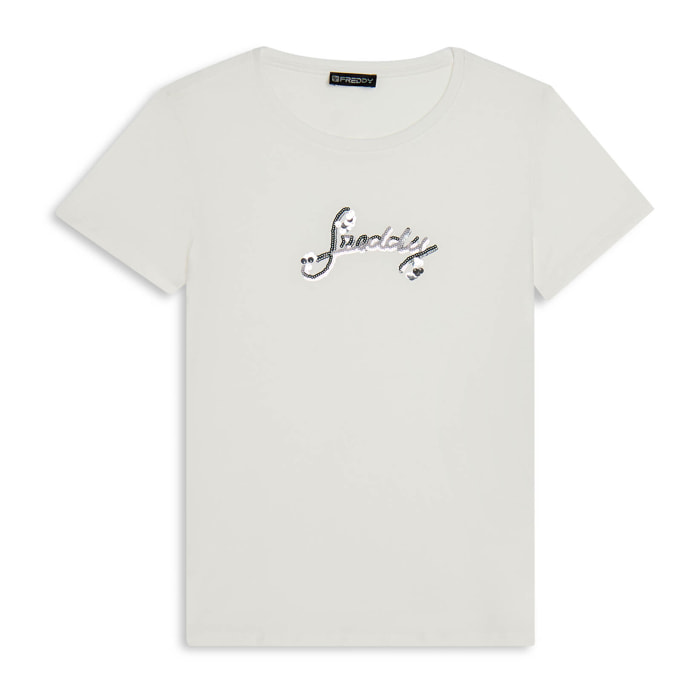 T-shirt in cotone Supima con logo in paillettes bicolore