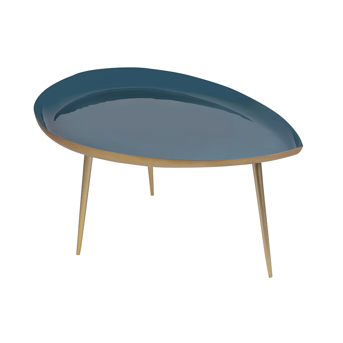 Table basse design en acier laqué bleu canard et doré L80 cm DROP