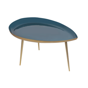 Table basse design en acier laqué bleu canard et doré L80 cm DROP