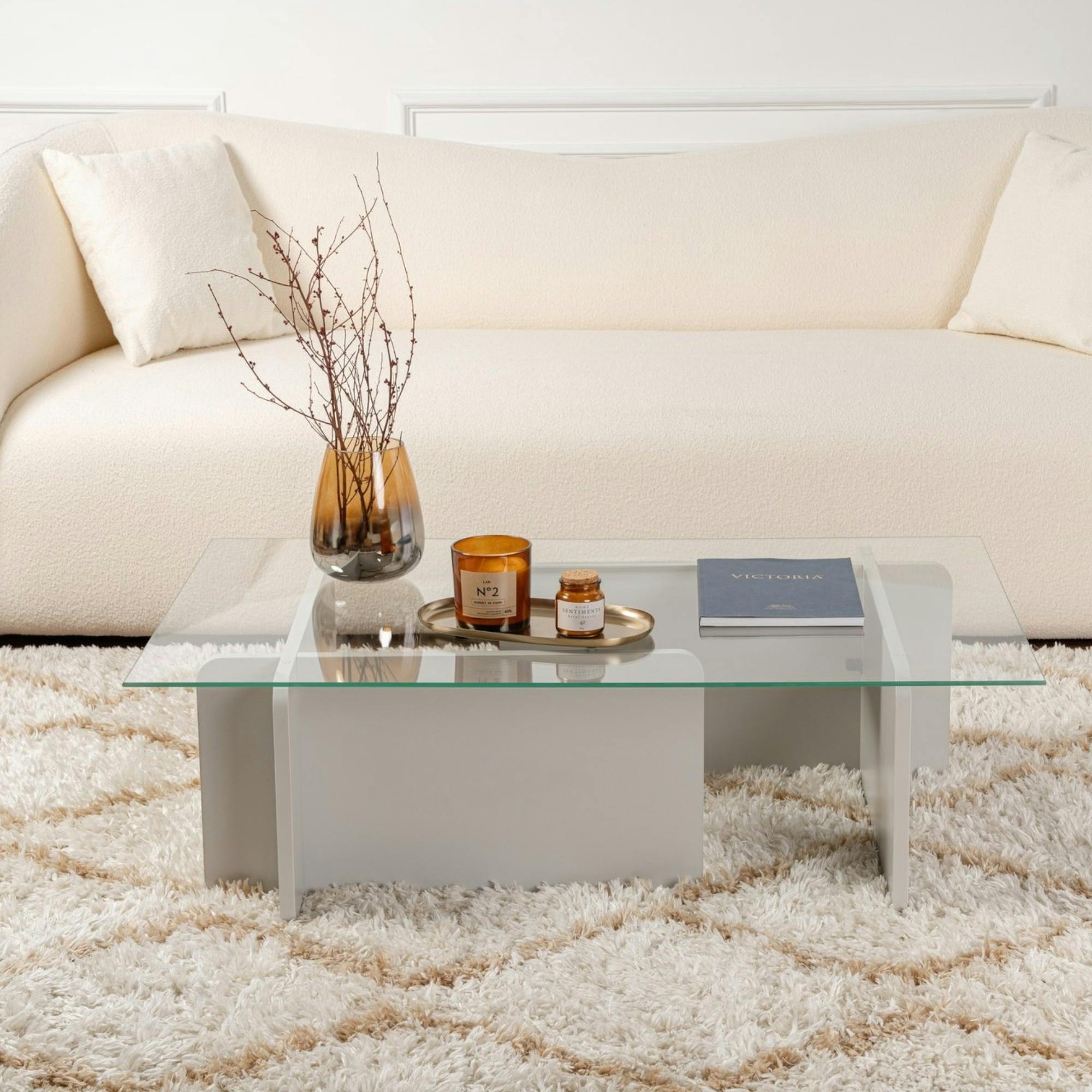 Table basse verre déstructurée – base gris clair SALTA