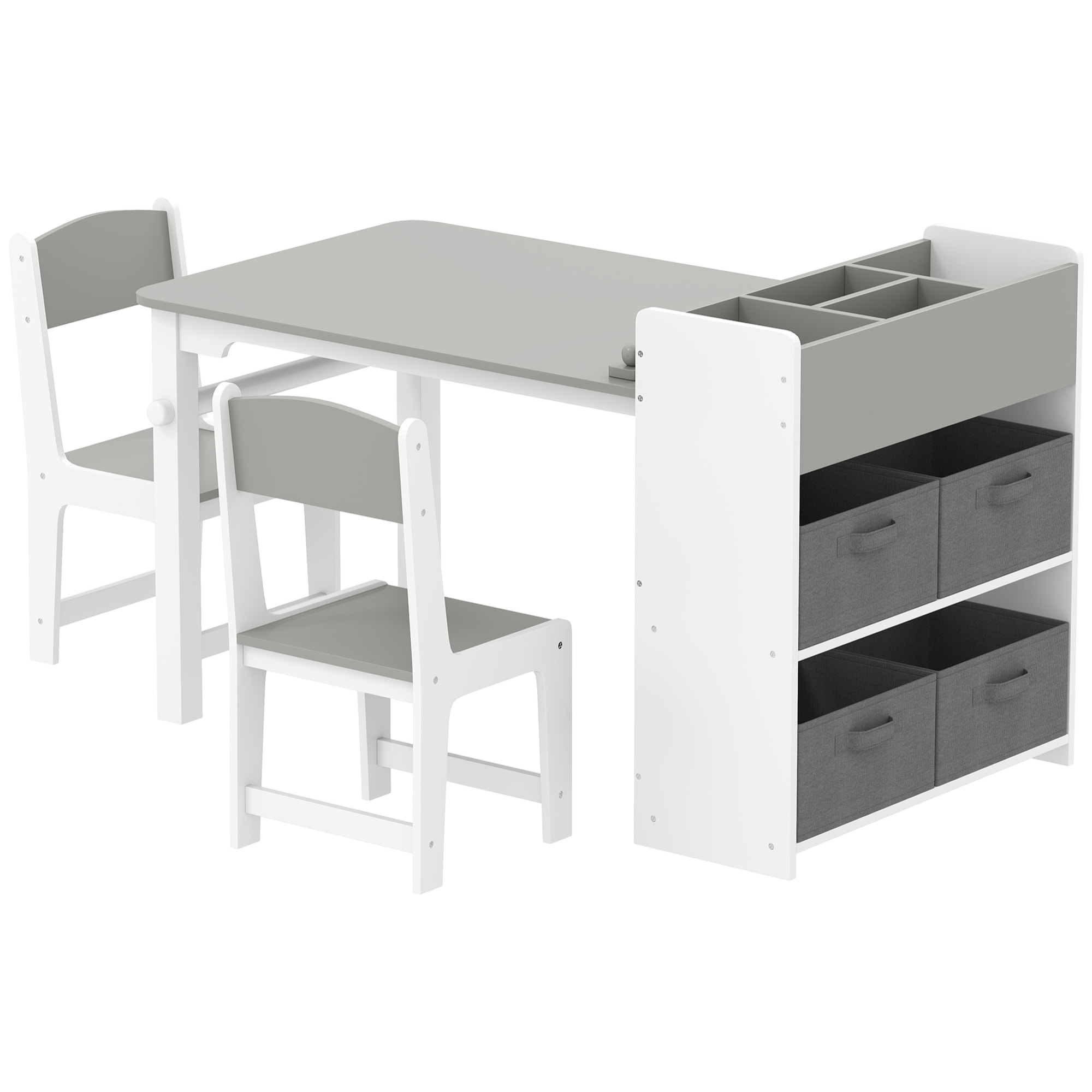 Table enfant avec 2 chaises en bois rouleau de papier étagères tiroirs blanc gris