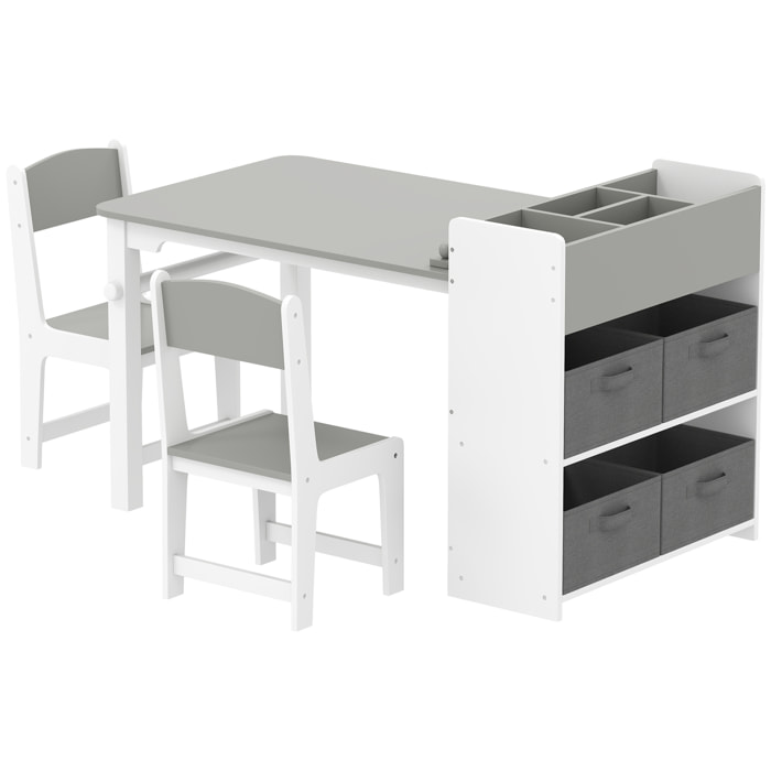 Table enfant avec 2 chaises en bois rouleau de papier étagères tiroirs blanc gris
