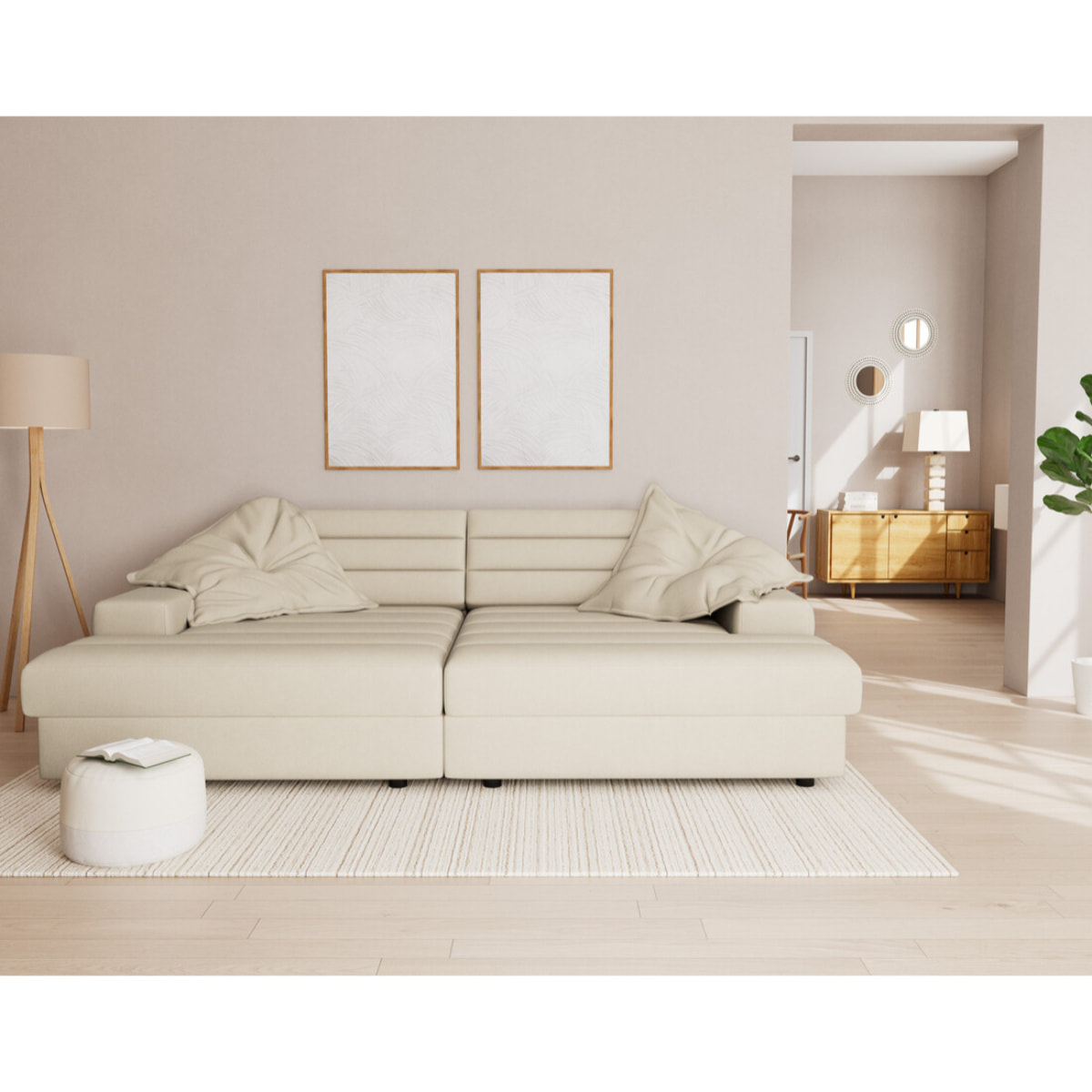 Giulia - canapé droit 4 places double méridienne - assise profonde - en tissu texturé - Beige
