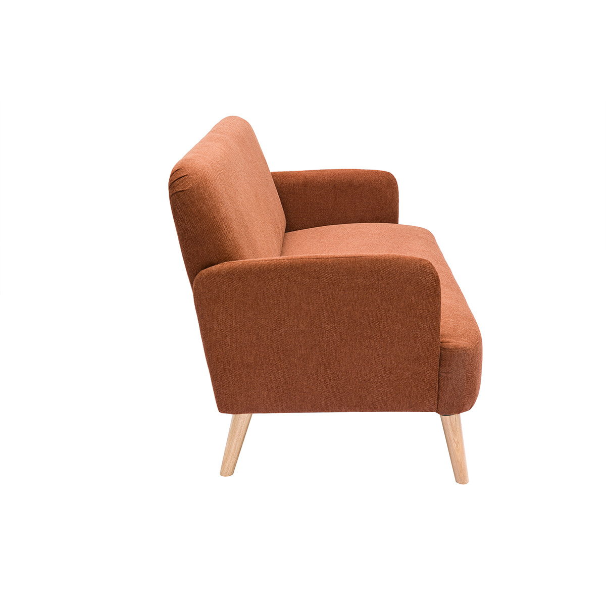 Canapé scandinave 2 places en tissu effet velours texturé terre brûlée et bois clair ISKO
