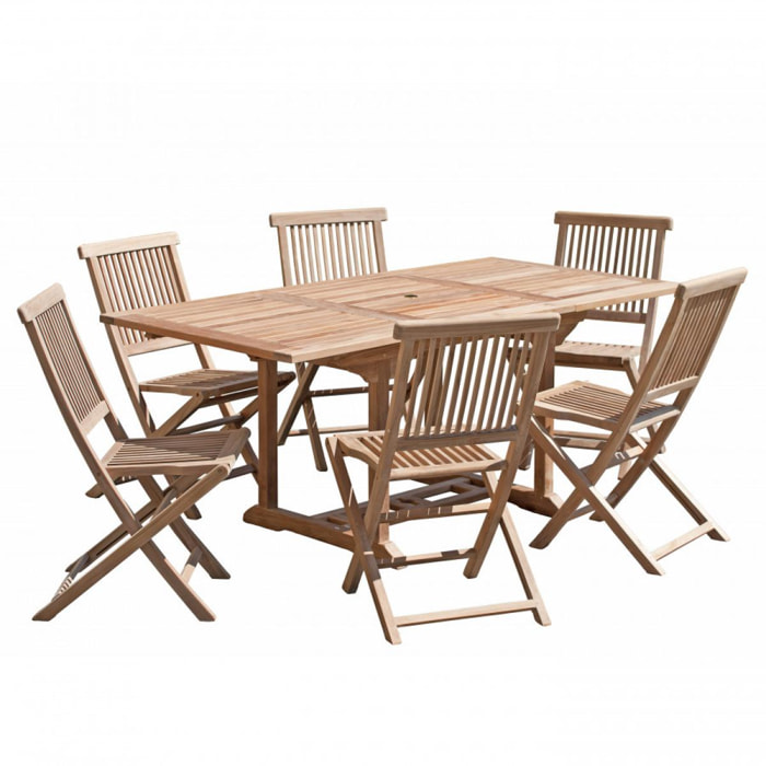 HARRIS - SALON DE JARDIN EN BOIS TECK 4/6 pers - 1 Table rectangulaire extensible 120/180*90 cm et 6 chaises