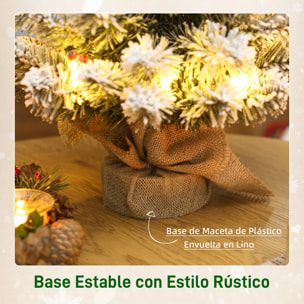 Árbol de Navidad con 35 Luces LED, 60 cm, Mini Árbol de Navidad Artificial con 72 Ramas Densas con Nieve, Piñas, Bayas y Base de Arpillera, Decoración Navideña de Mesa para Casa, Oficina, Verde