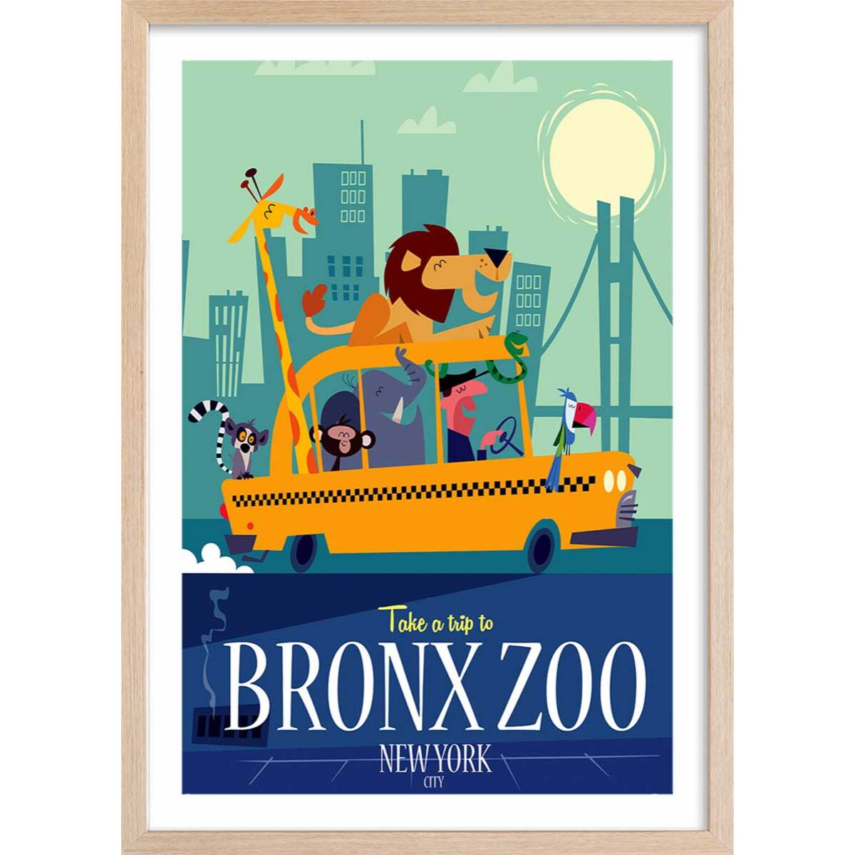 Poster retro bronx zoo Affiche + cadre en bois - Chêne