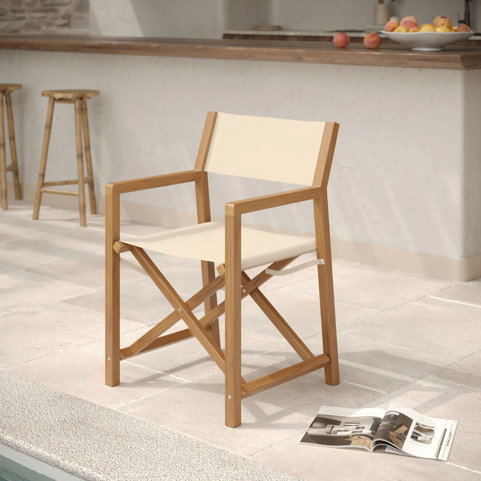 Chaise de jardin pliante en tissu beige clair et bois d'acacia - Tubod