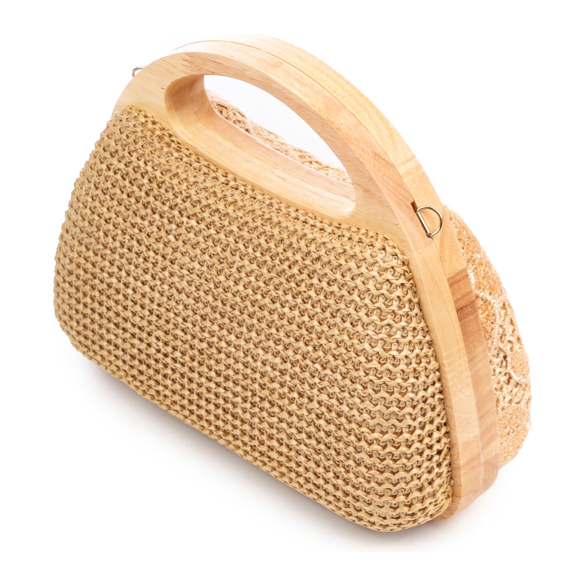 Ausa bolso de mano fabricado en madera natural, con papel trenzado y jute diseño malla de tejido floral
