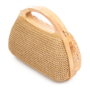 Ausa bolso de mano fabricado en madera natural, con papel trenzado y jute diseño malla de tejido floral