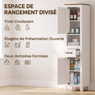 Meuble de salle de bain, meuble de rangement, 2 portes, tiroir, compartiment ouvert et étagères réglables, blanc
