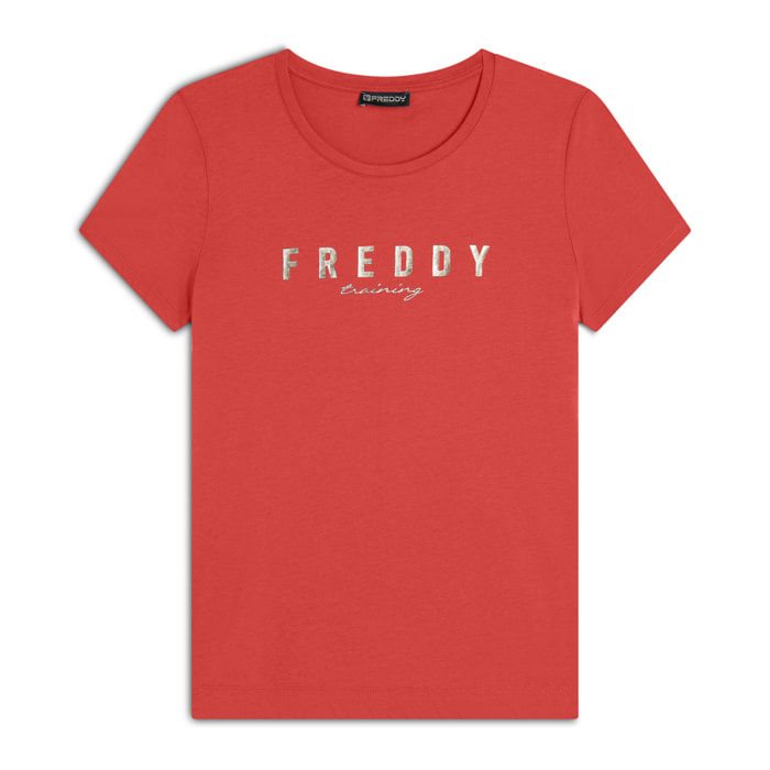 T-shirt in jersey con logo oro chiaro sul fronte