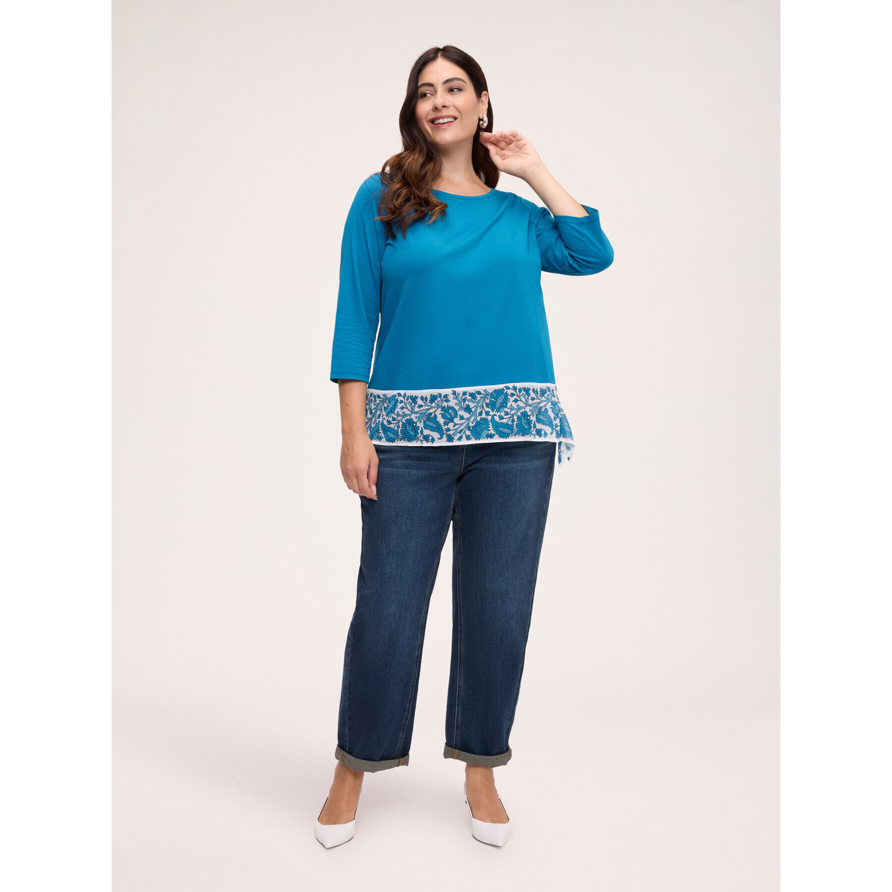 Fiorella Rubino - T-shirt in cotone con bordo stampato - Ottanio