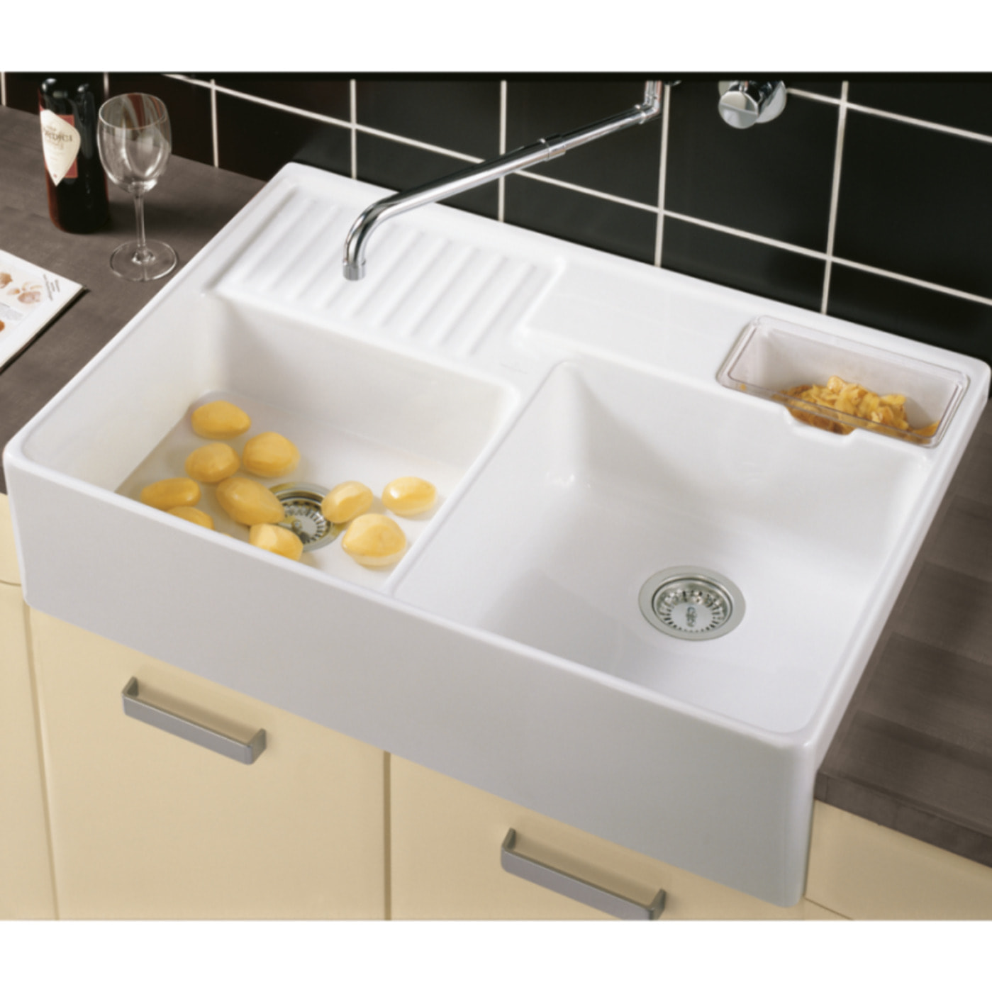 Evier timbre d'office Tradition 2 bacs 89,5 x 63 céramique vidage manuel blanc + Panier vaiselle