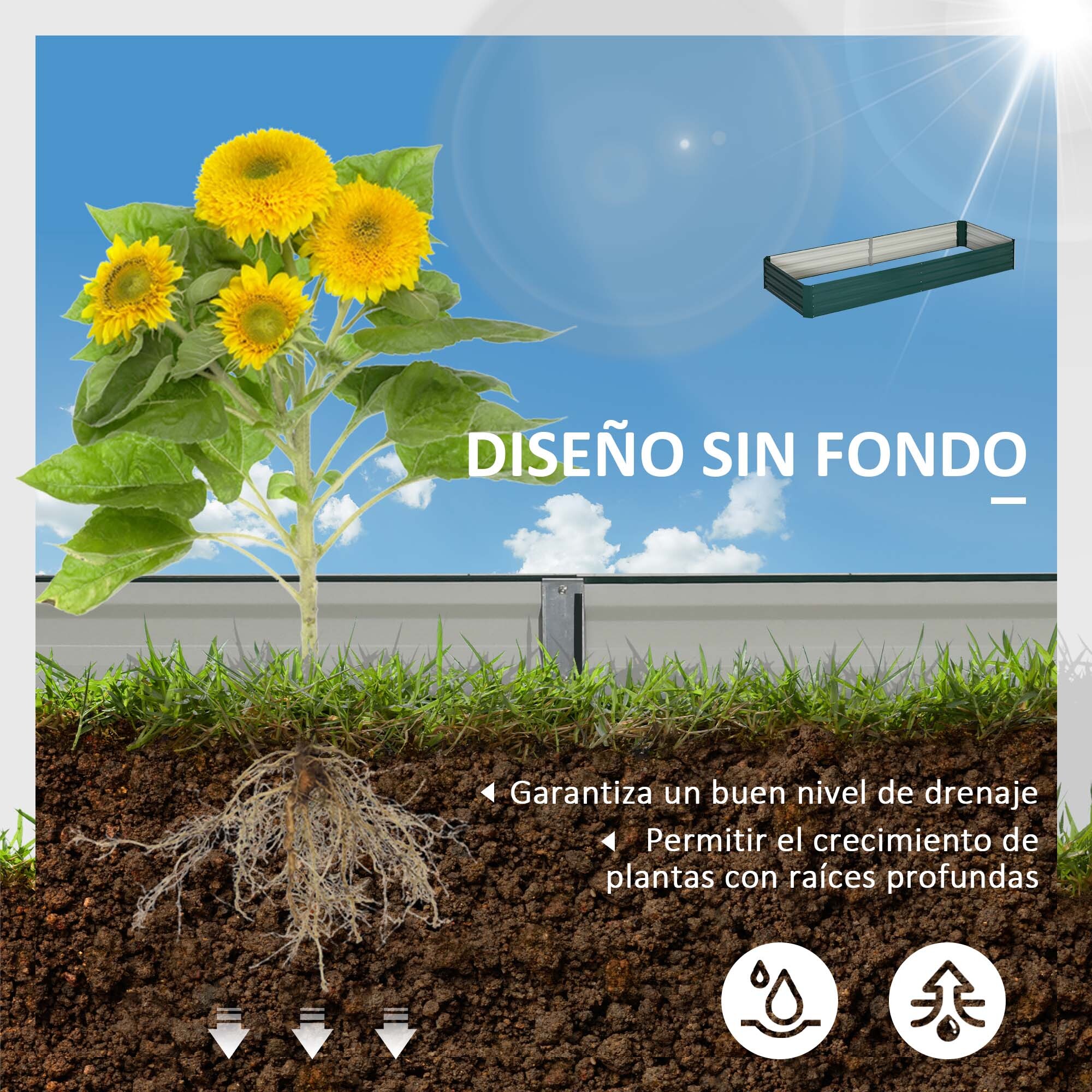 Jardinera Elevada de Acero Galvanizado Huerto Urbano para Cultivar Plantas Flores Hierba Macetero Grande Exterior Rectangular con Fondo Abierto 241x90,5x30 cm Verde