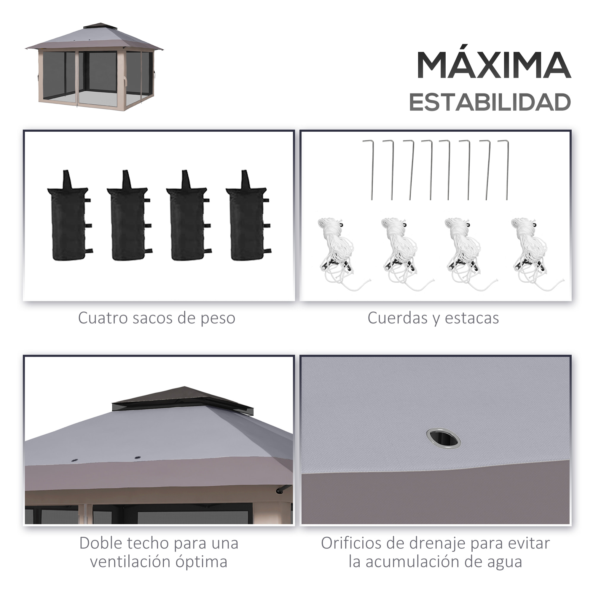 Carpa Plegable Pop-up 4x4x2,8 m Cenador de Jardín con Paredes Altura Ajustable Anti-UV Impermeable Doble Techo Mosquiteras y Bolsa de Ruedas Gazebo para Exterior Fiestas Camping Gris Claro