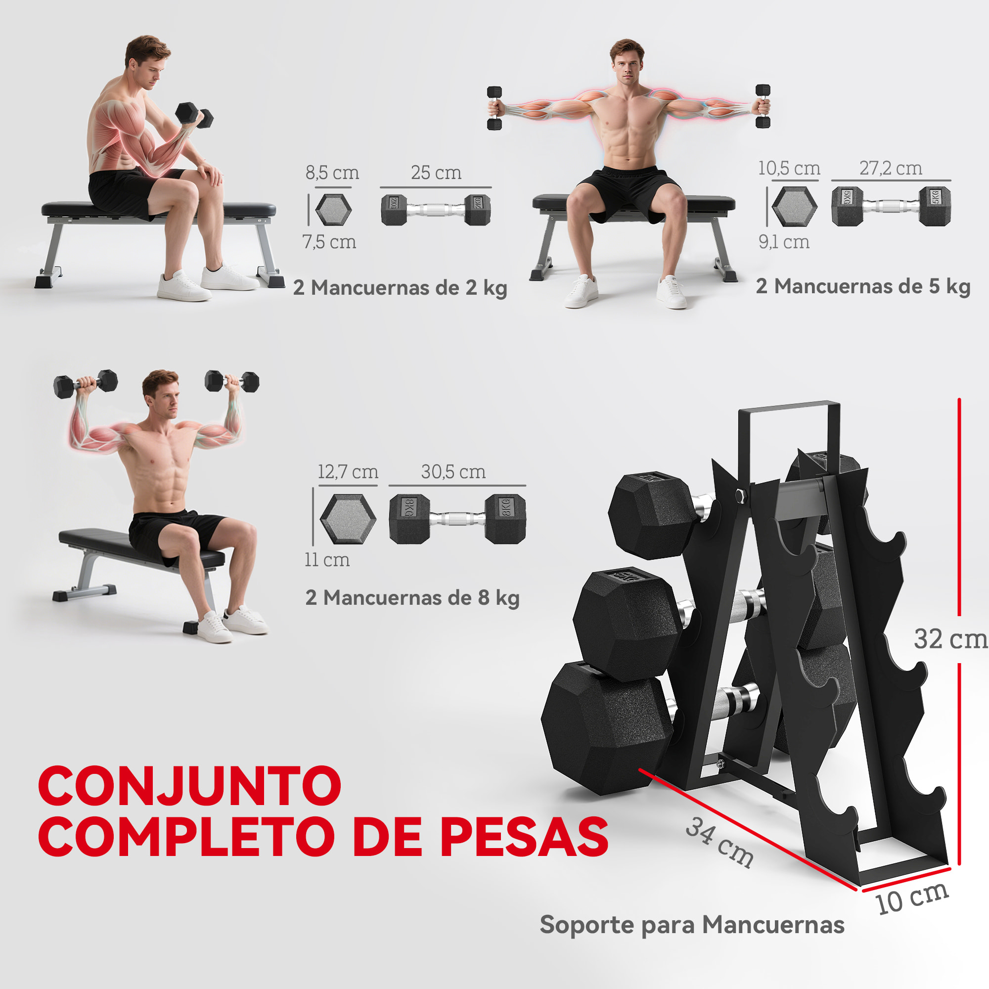 Juego de Mancuernas de 6 Piezas 2 x2 kg 2 x5 kg 2 x8 kg Mancuernas Hexagonales con Revestimiento de Goma Antideslizante y Soporte de Almacenamiento para Entrenamiento en Casa Gimnasio Negro