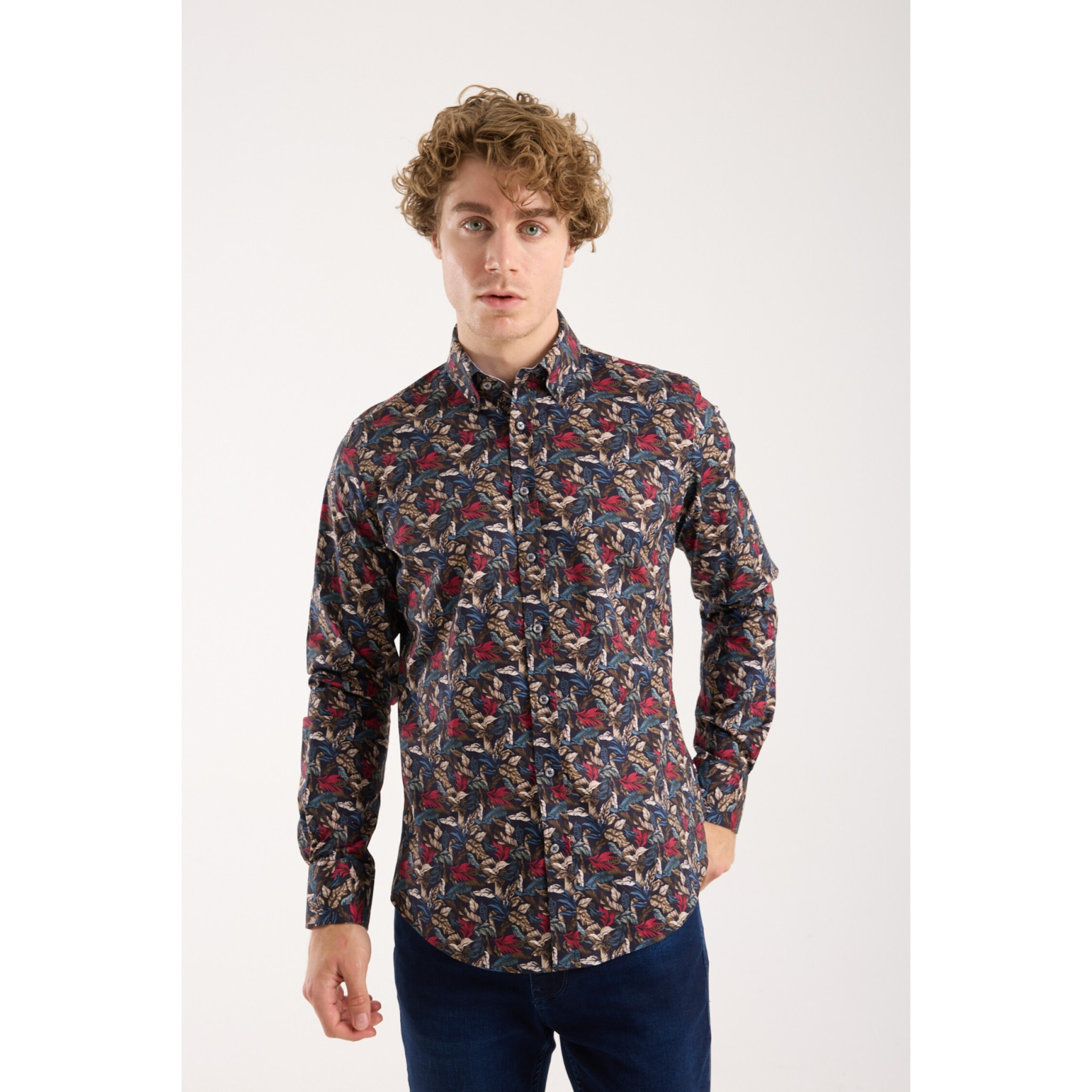 camicia uomo 1 bottone button down slim Popeline Stretch Stampato Blu\Rosso