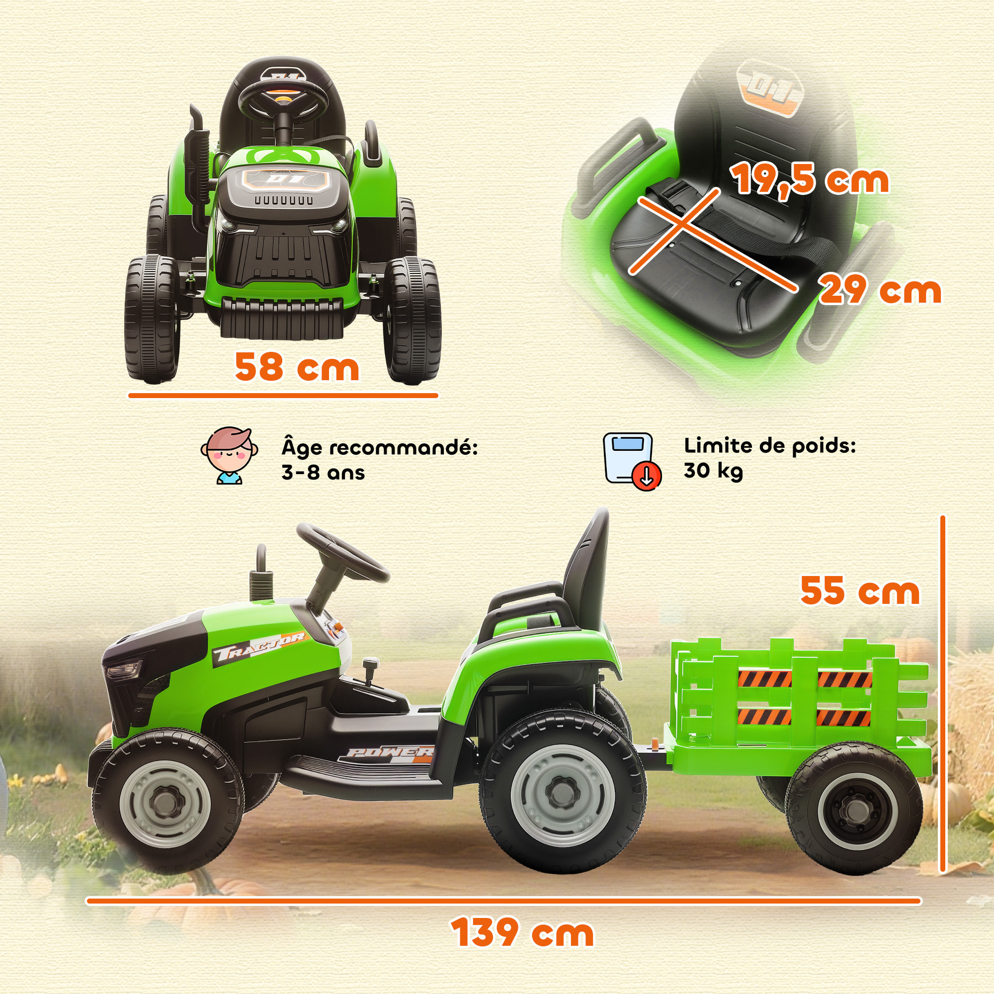 Tracteur électrique enfant avec remorque amovible et télécommande - effets sonores et lumineux - vert