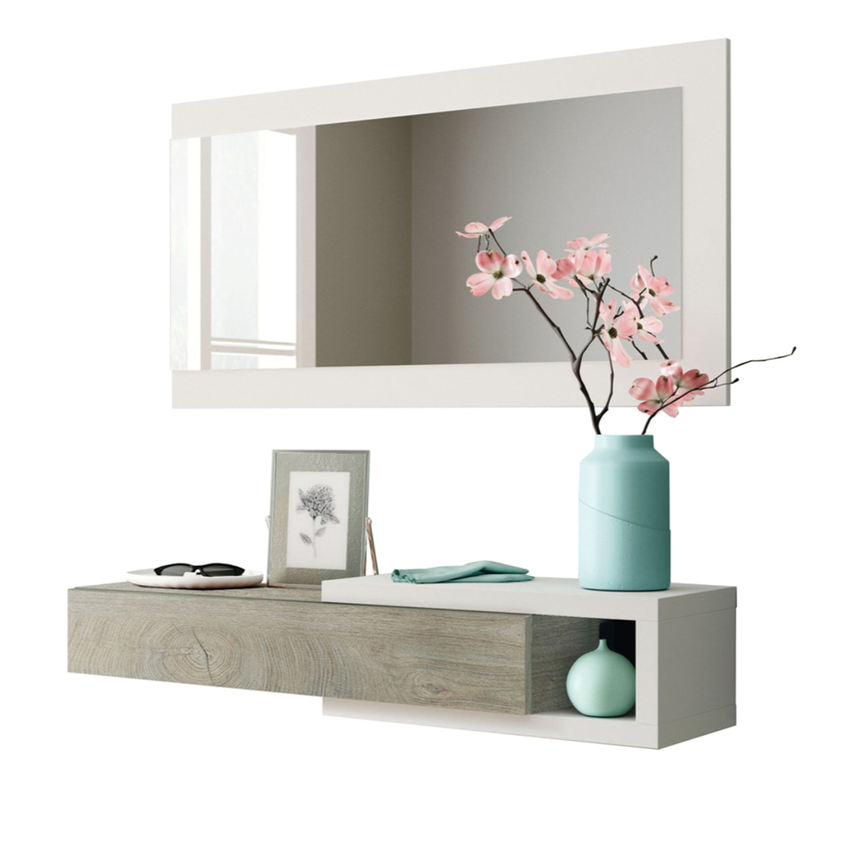 Mueble Recibidor Cajon Y Espejo 19x95x26 Cm Roble Blanco Artik