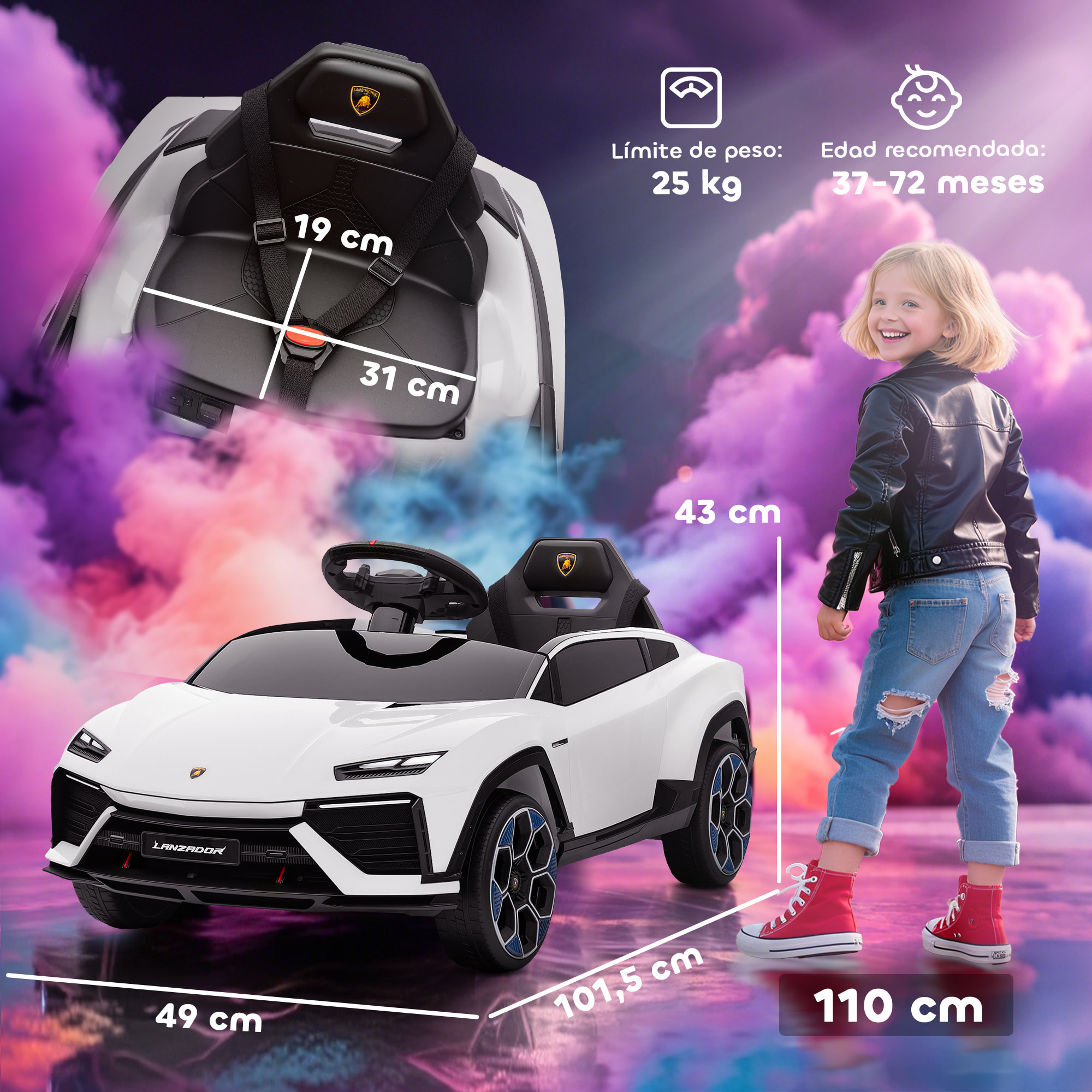 Coche Eléctrico para Niños de +3 Años, Lamborghini, Coche de Batería 12V, con Mando a Distancia 2,4 G, Motor Doble, Ruedas con Suspensión, Faros, Música, USB, Blanco