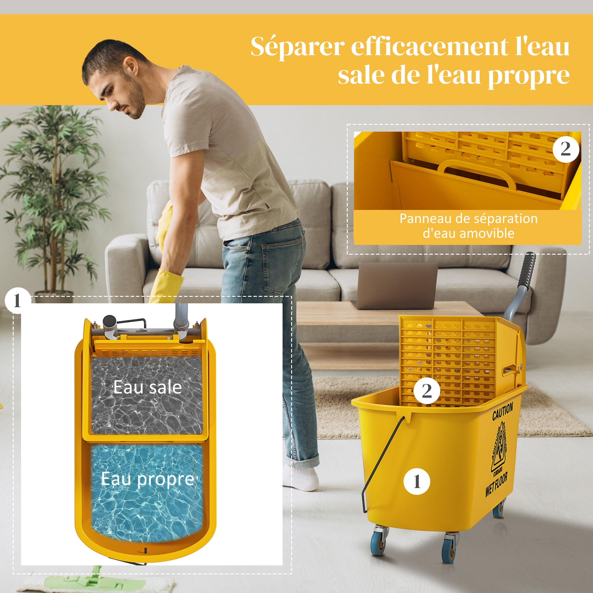 Chariot de ménage chariot de lavage nettoyage professionnel essoreuse latérale seau 20L poignée et serpillère jaune