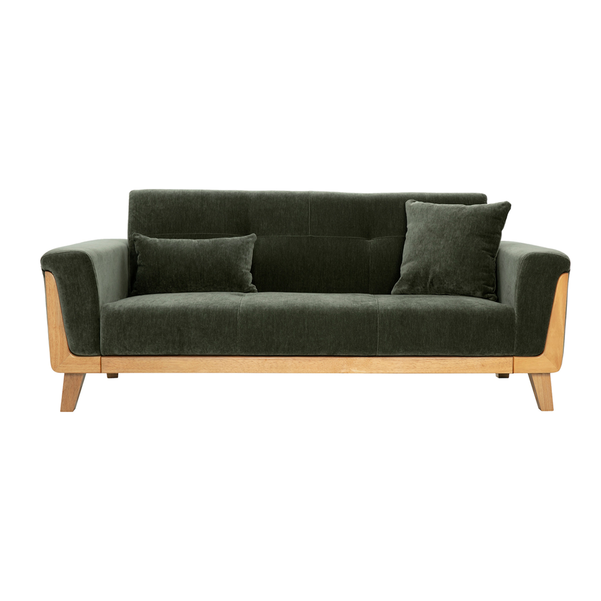 Canapé scandinave 3 places en tissu effet velours vert kaki et bois clair FJORD