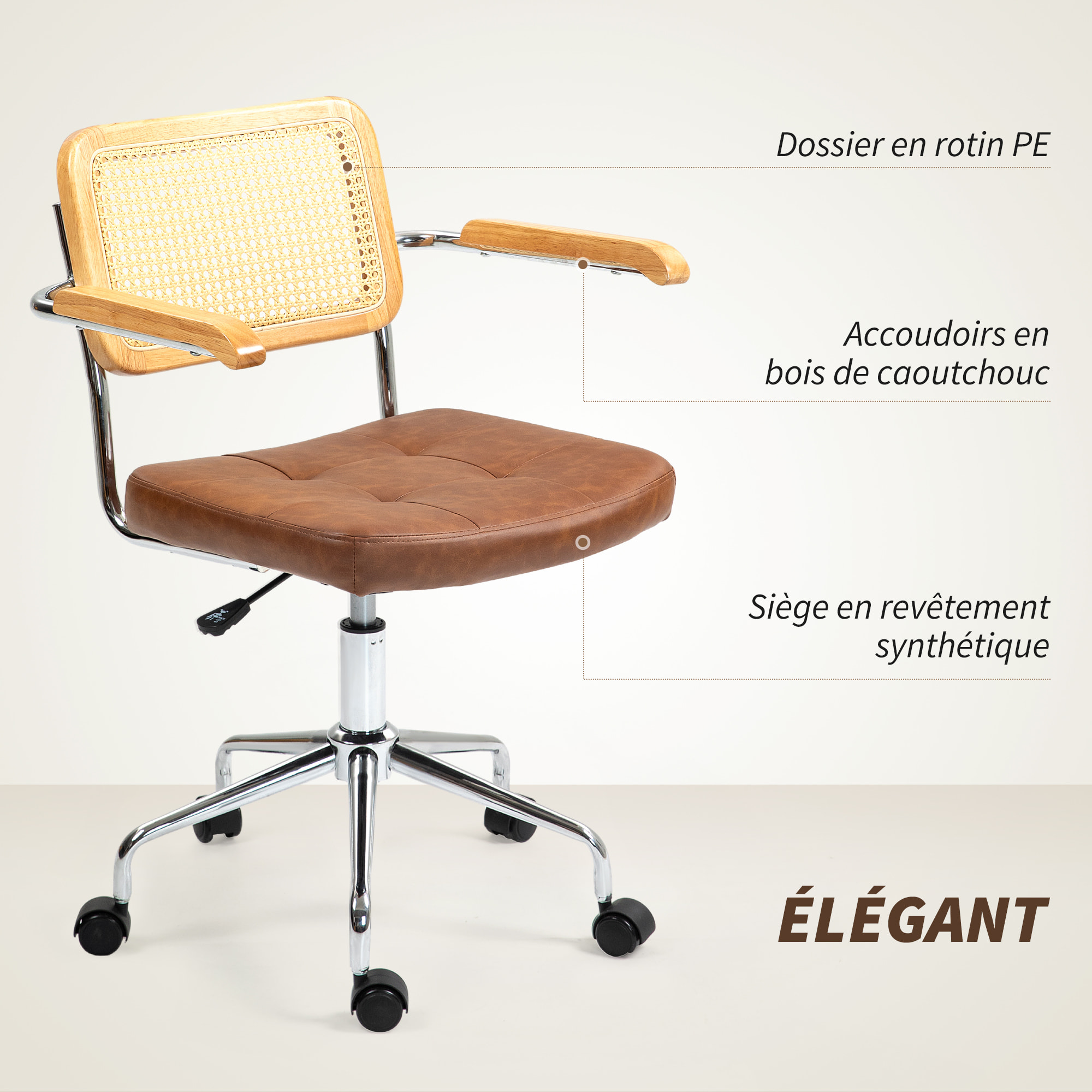 Chaise de bureau style vintage - réglable, pivotante - acier chromé bois aspect rotin assise effet capitonné