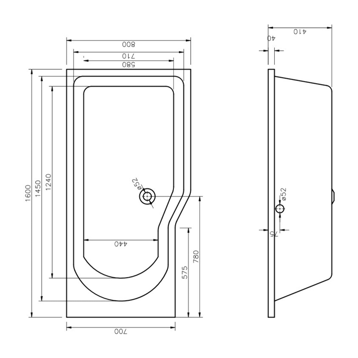 160x80 cm Beata Plus baignoire bain douche asymétrique en acrylique positionnement droite, sans pieds, blanc (BE1600PPLUS)