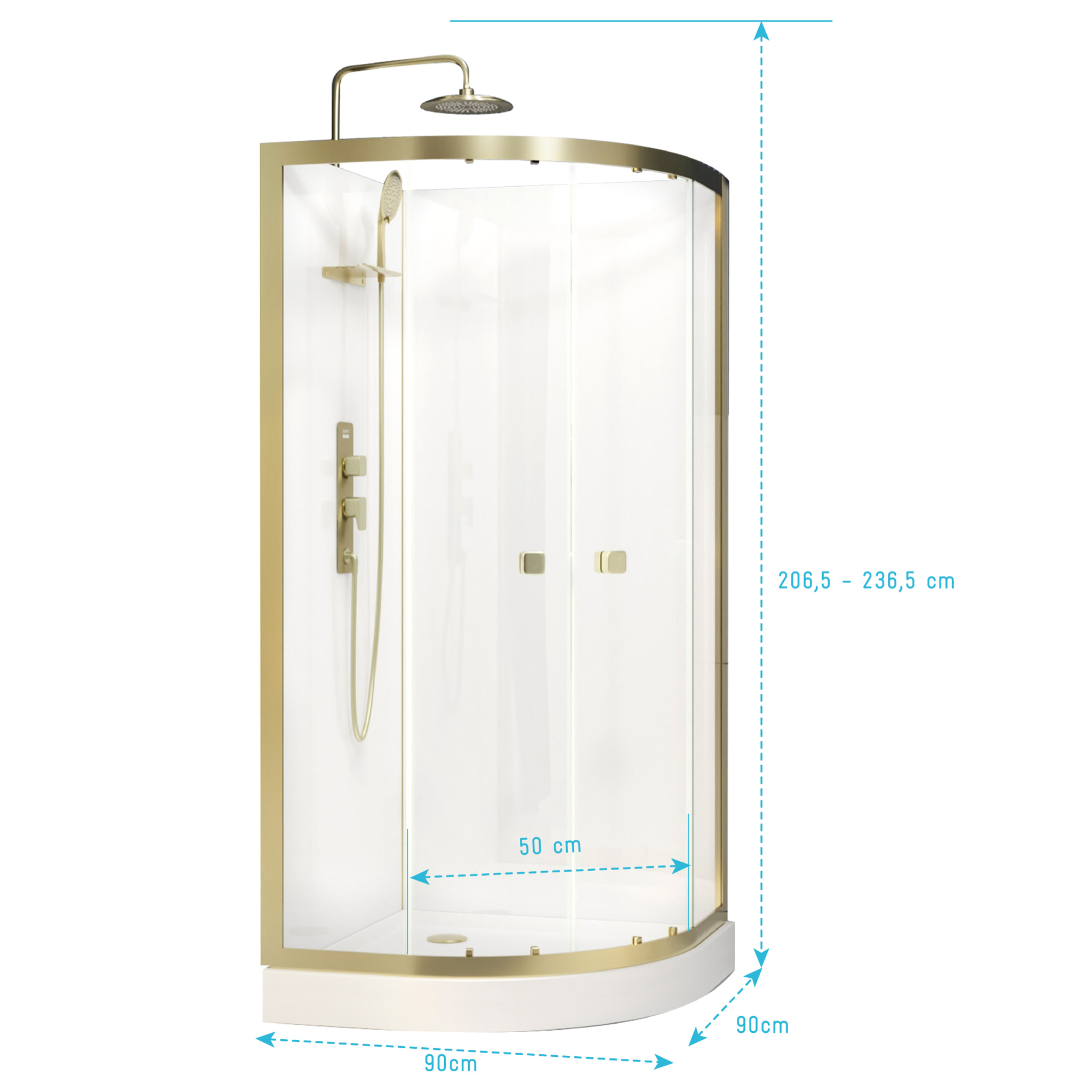 Cabine de douche 1/4 de cercle 90x90x206.5/236.5cm Blanche et Profilés Or Brossé - Receveur standard